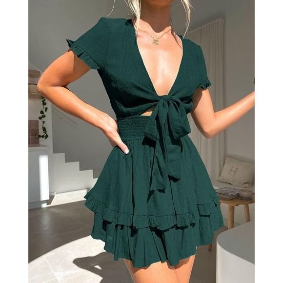 PRETTYGARDEN green size large Swing Mini Dress V Neck Short A-Line Short Dress - Picture 5 of 10